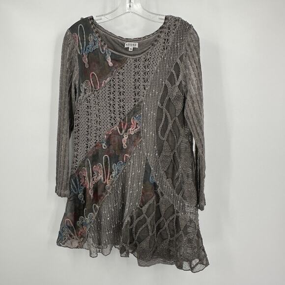 Adore Womens Top Size M Boho Lagenlook Festival Knit Patchwork Artsy Statement - Picture 1 of 8